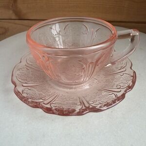 Vtg Jeannette Glass Co. Pink Cherry Blossom Cup/Saucer‎ Set Depression Glass EUC